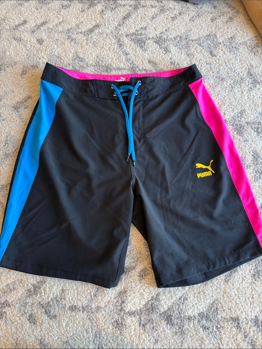 Puma Black Swim Board Shorts with Blue and Pink Accents Size 30